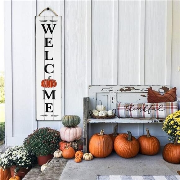 Welcome Sign for Front Door | Fall Welcome Sign | Reversible Vertical Porch Sign - Picture 4 of 7